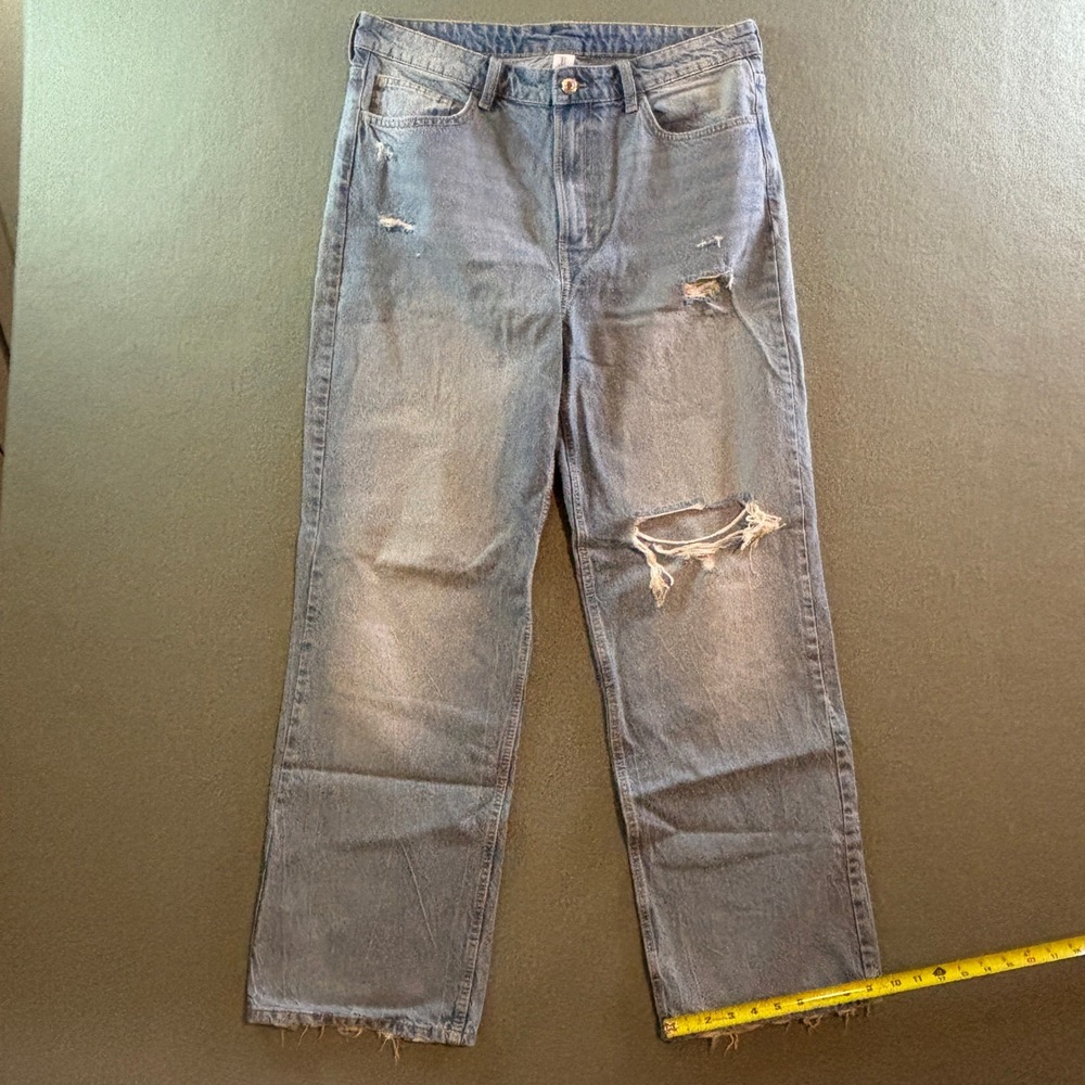H&M &Denim Ultra High Waist Wide Leg Distressed Jeans Womens 14 Blue Denim - Picture 4 of 8
